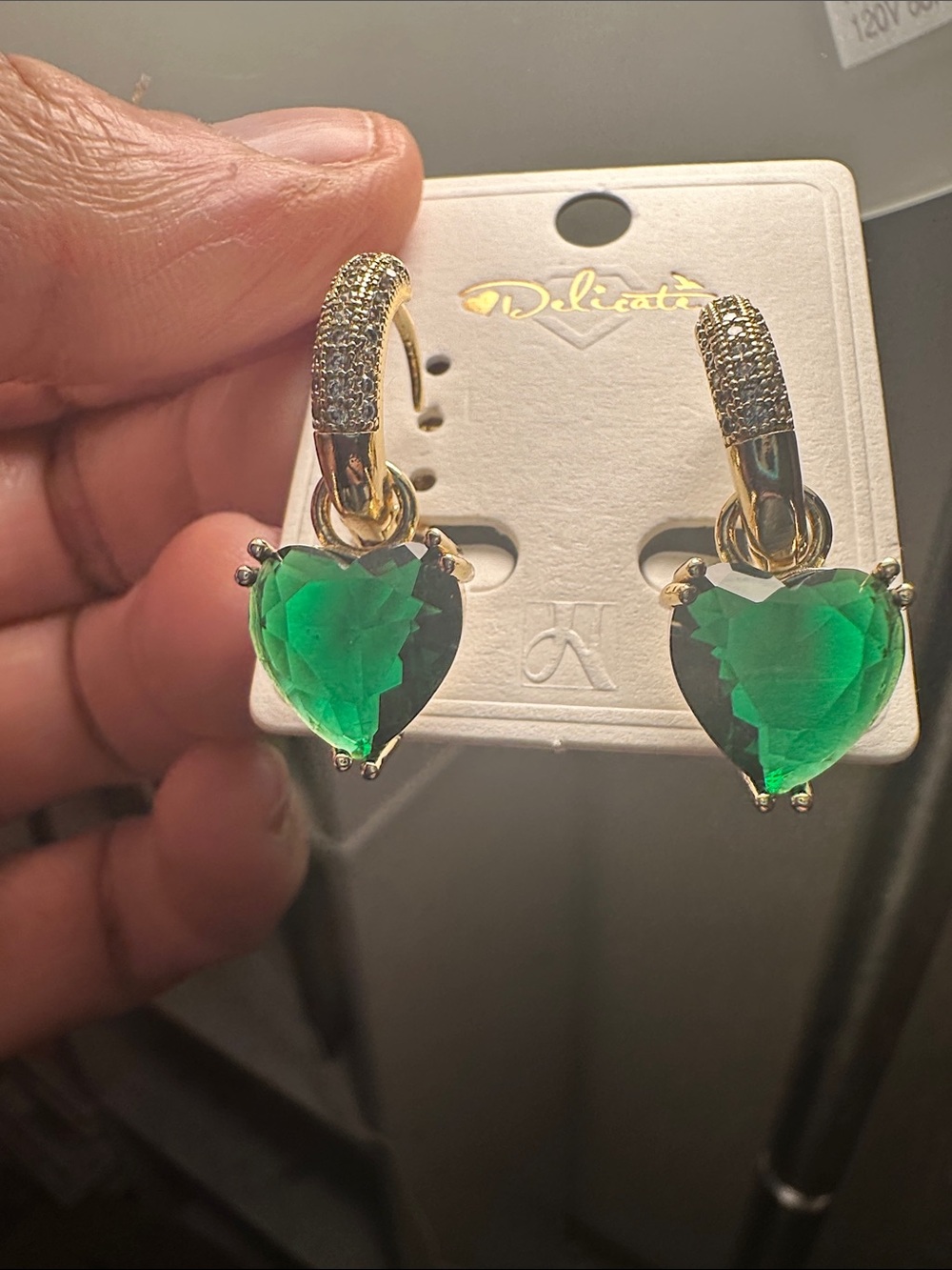 delicates Gold Hoop Earrings with diamond accents and  Green Heart Drops